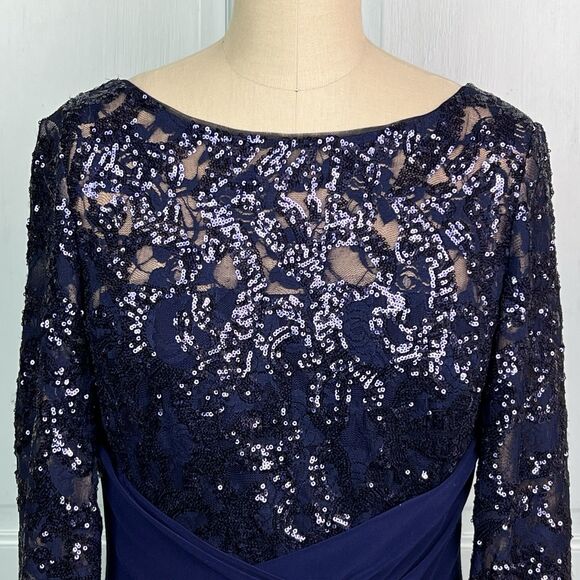 Lauren Ralph Lauren Blue Sequin Cocktail Dress Sheath Long Sleeve Ruched Skirt L - Picture 5 of 16